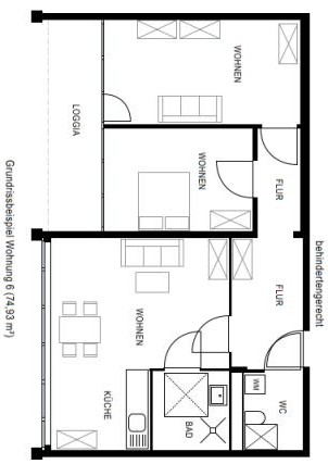 Grundriß einer Wohnung mit ca. 74 m², 3 Zimmer